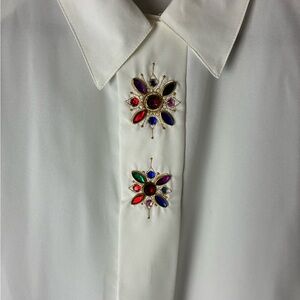 Impressions White woman Dress blouse with Colorful Embellishments